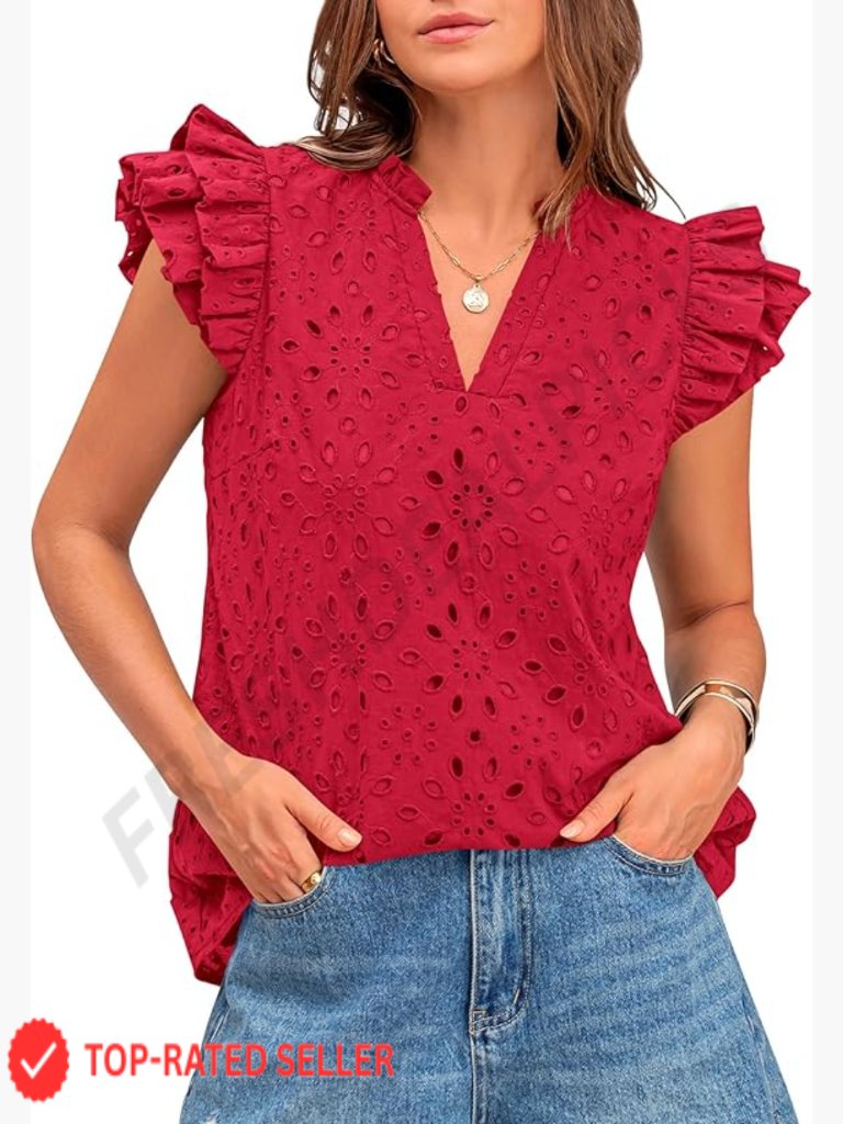 V-Neck Embroidered Eyelet Blouse Ruffle Cap Sleeve Chic Resort Wear